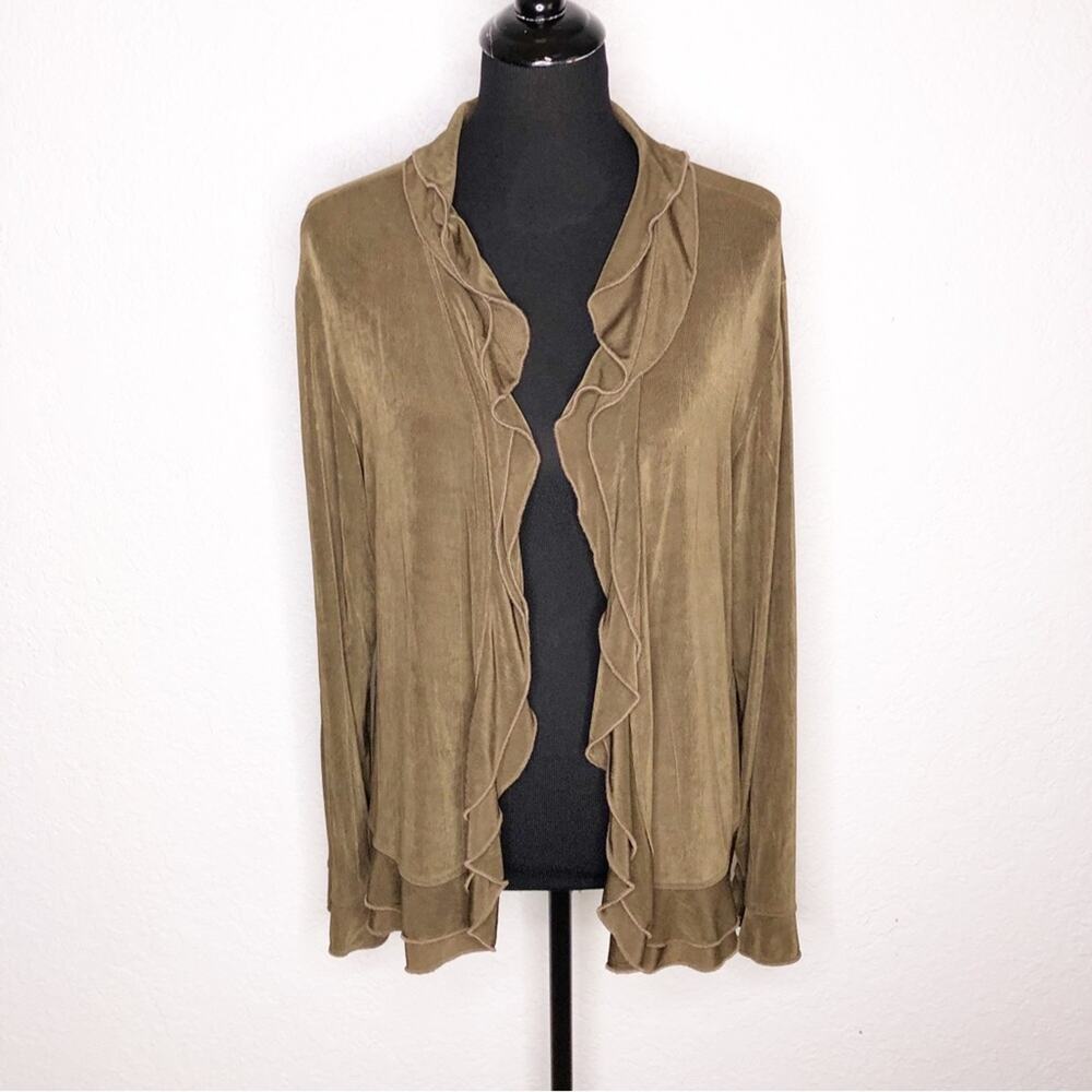 Chicos Travelers bronze brown ruffle trim‎ open front cardigan size 2 or Large